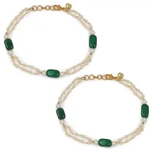 A V FASHION - Pearl & Emerald Green Color Class Beads Payal For Women and Girls Antique Gold Plated Indian Golusu Anklets Set Of 1 Pair Fashion Jewellery