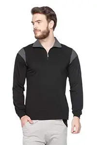 V3Squared Men's Cotton Blend Full Sleeve Regular Fit Polo Black T-Shirt for Men[Cklr-Zip_Blk_L, Black, Large]