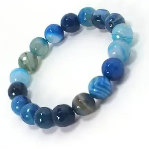 RRJEWELZ 10mm Natural Gemstone Blue Agate round shape smooth cut beads 7.5 inch stretchable bracelet for men & women. | STBR_RR_03992