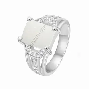 Jemskart 10.00 Ratti / 9.00 Carat Natural Certified AA++ Quality Australian White Opal Astrological Purpose Loose Gemstone Panchdhatu Silver Plated Ring for Man and Women