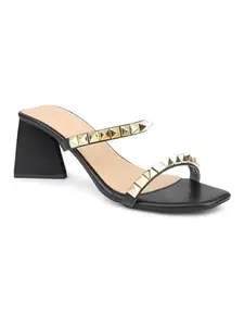 Inc.5 Women Black & Gold-Toned Studded Block Heels
