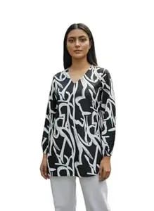 Women's Abstract Print V-Neck Blouse, Long Sleeve Tunic Top, Black Grey Orange Green Pattern, Casual Office Wear