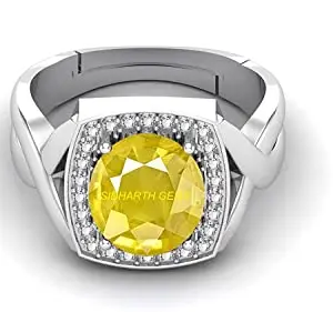 Jemskart 8.25 Ratti 7.00 Carat Unheated Untreatet A+ Quality Natural Yellow Sapphire Pukhraj Gemstone Silver Plated Ring for Women's and Men's (Lab Certified)