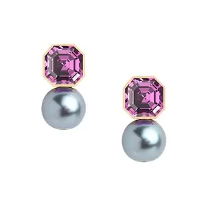 MINUTIAE Purple Amethyst Tourmaline With Grey Pearl Ear Tops Stud Earring for Women and Girls(Rose Gold Plated)