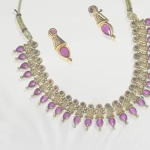 Antique Style Necklace Set with Purple Stones, Gold-Toned Metal, Traditional Design