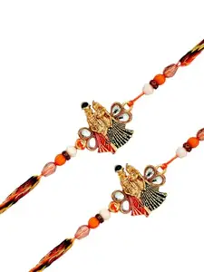 Adiva Pack of 2 Lord Radha Krishna Kundan & Beads Rakhi Gift Set, Rakhi for Brother for Raksha Bandhan with Pooja Thali & Roli Chawal Bag