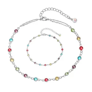 VAMA FASHIONS Elegant & Trendy Multi Colour Round stone Adjustable Necklace & Hand Charm Chain Bracelet for Women & Girls (Silver Plated)