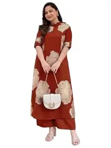 ANNI Designer Women Viscose Blend Straight Fit Printed Kurta Palazzo Set | Mandarin Neck Outfit | Lightweight Breathable Fabric | Comfortable Elegant Styling for Office Casual Wear