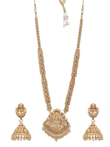 Adwitiya Collection Women Gold-Plated Pearl Tessel Traditional Long Temple Necklace and Earrings