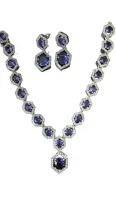 Stylish Sapphire and Diamond Necklace Set for Women, Blue (Blue)