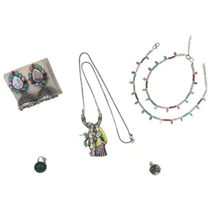 Traditional Oxidised Metal Jewellery Set with Multicolour Beaded Anklet set, Radha Krishna Pendant, Jhumkas, 2 Rings