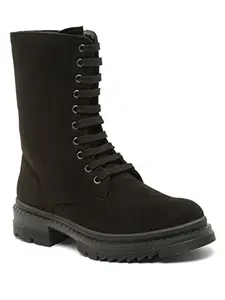 Bruno Manetti Women's Black Laceup Side Zipper Calf length Chunkey Sole Comfort Boots