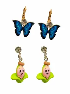 9blings Set Of 2 Multicolour Butterfly & Fruite Design Earrings |Blue, PinkCombo Earrings Set For Women and Girls