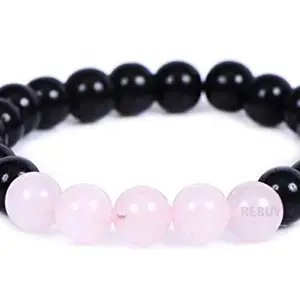 REBUY Rose Quartz Black Tourmaline Gem Stone Bracelet, Natural GemStone Bracelets Bead Size: 8 mm