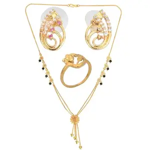 AanyaCentric Gold-plated Jewelry Combo Elegant Short Mangalsutra, Ring, and American Diamond Earrings Set - Stylish Accessories for Women & Girls
