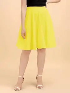 Chandan Fashion Chandan TEX FAB Women's Crepe Basic Versatile Stretchy Waist Flared Above Knee Length Short Casual Pleated Mini Skater Skirt (Yellow) (Medium)