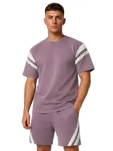 CHKOKKO Men’s Co-Ord Set Premium Cotton Blend Oversized T-Shirt & Shorts Cord Set with Side Pockets Round Neck Half Sleeves Solid with Contrasting Stripes Summer or Casual Wear