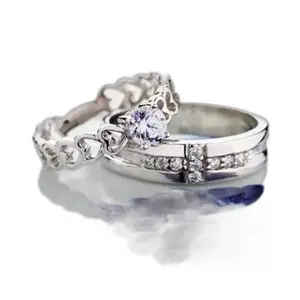 Lila Hearts with Cross Valentine Couple Rings Promise Propose Rings for Girls & Boys Stainless Steel Cubic Zirconia Ring (BZR_310-HeartswithCrsCpleRng(M:08)_Prnt)