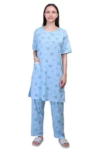 CAMEY Pajama Set for Women, Nightwear Sleeping Suit with Short Sleeves (Free Size, LB-Blue)