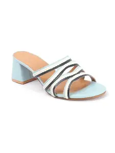 Carlton London Women Sky Blue Stylish Color Block Sandal with Block Heels, Round Toe for Party and Any Occasions (37)