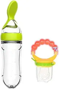 MOM'S PRIDE 90ML Newborn Baby Feeding Bottle | Toddler Silicone Squeeze Feeding Spoon Milk Cereal Training Feeder and Rattle Fruit feeder | (Set of 2) (Green)
