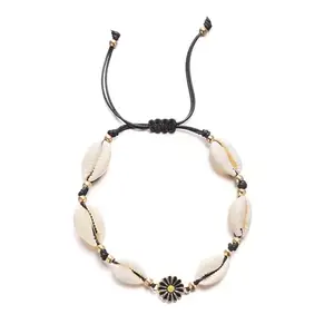 El Regalo Womens 1PC Bohemian Sunflower Cawrie Shell Anklet- Trendy 1 Leg Thread Adjustable Anklet with Pretty Flower Charms (Black)