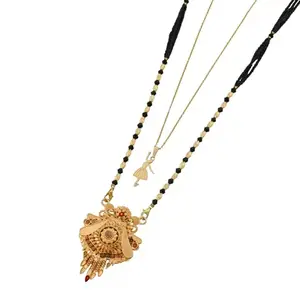 MALKYN Women's Gold Plated Traditional Indian Mangalsutra Necklace with Intricate Enamel-Accented Peacock and Floral Motif Pendant and Layered Ballerina Charm Set, Black Beaded Wedding Jewelry-MD-128