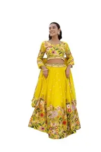 RANGPOSHAK Yellow Embroidered Organza Lehenga Choli Set with Dupatta, Floral Thread and Sequins Work, Semi-Stitched