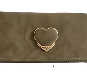 Olive Green Leather Wallet with Heart-Shaped Gold Accent, 20 cm