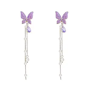 Kairangi Earrings For Women Silver Tone Purple Crystal Butterfly Lever Back Drop Earrings For Women and Girls