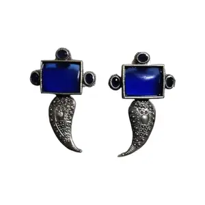 ChicChains German Silver Oxidized Monalisa Red Stone Earrings for Women and Girls | Fashion Earrings For Women Western, Blue -20240081