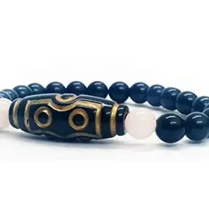 Astroghar Titben Buddhist Auspicious dzi Bead Black Onyx Rose Quartz Stretch Bracelet