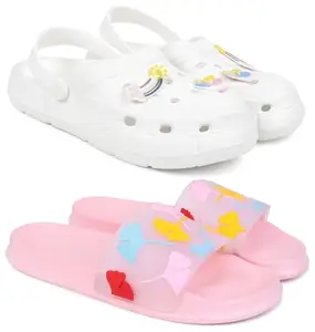 Pampy Angel Combo Pack of 2 Slipper/Flip Flops/Slides/Clogs/Sandals with Adjustable Back Strap for Women,(WCL-Ranbo-White,Gobi-Pink),38 (Euro)