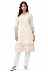 Women Cream Off White Embroidered Kurti Pant Set | Floral Lace Border Kurta with Net Sleeve Design | Ethnic Casual Kurti Set for Women