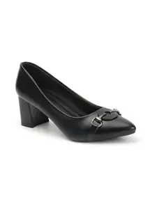Carlton London Women Black Stylish Slip-on Pump Shoes with Block Heels, Pointed Toe for Party and Formal Occasions (37)
