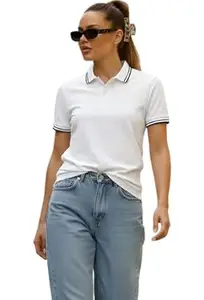 Dagcros Women's Polo T-Shirt, with White Striped Trim, Short Sleeve Collared Top Tshirt for Woman