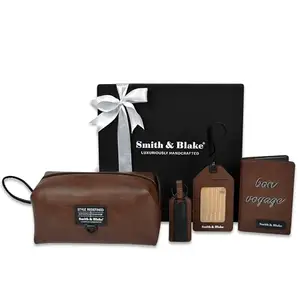 Smith & Blake - Gift Combo Set - Toiletry Bag, Passport Wallet, Key Ring and Luggage Tag - Brown Premium Leatherette - Happy Travels