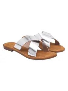 Shoetopia Women’s Silver Flat Sandals with Cross Strap Design | Stylish Casual Slip-On Flats for Daily Footwear & Ethnic Outfits EU42