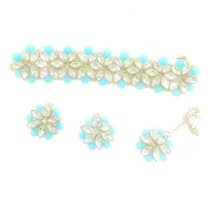 Crystal Flower Choker Necklace Set for Women nad Girls with Turquoise Beads, Gold-Plated, Traditional Indian Style Pastle Blue
