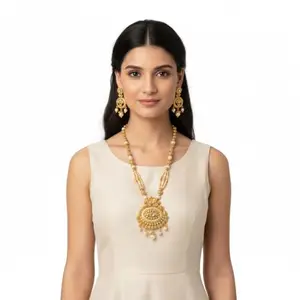 Traditional Gold-Plated Pearl Necklace Set with Floral Design, Crystal Embellished Pendant, Ethnic Wedding Jewellery