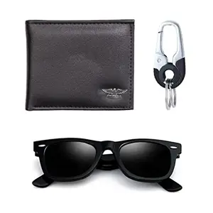 Mundkar Pu Black Wallet Black Sunglass and Keychan Hook Men's Gift Set