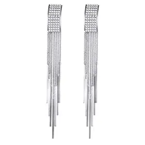 Stylish LOOX New Long Crystal Tassel Hanging Clip On Earrings for Women Wedding Without Piercing Ear Clips (Silver)