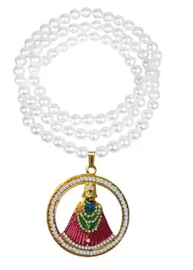 Uniqon Unisex Big Size Round Diamond/Nug Stone God Lord Jai Shri Baba Khatu Shyam/Barbarika Ji Face/Head Locket Pendant Necklace With White Pearl Beads/Moti Mala
