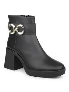Inc.5 Women Black Block Heel Chunky Boots with Buckle Detail