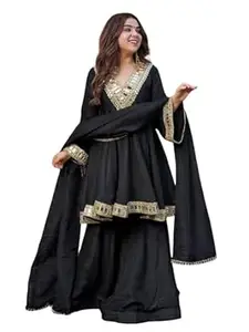 Aspora Women's Chinnon Embroidered Peplum Kurta with Sharara and Dupatta Set | Elegant V-Neck 3-Piece Ethnic Suit with Intricate Mirror Work Embroidery