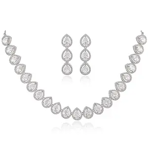 RATNAVALI JEWELS American Diamond Silver Plated Traditional Pear Line Necklace Set with Earring for Women/Girls RV4164W