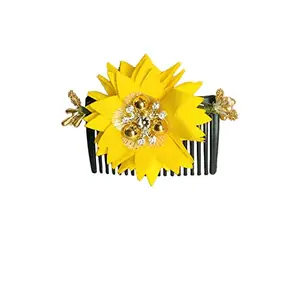 Arooman™ Acrylic Comb and Cloth Flower Hair side Comb/Clip Flower Design Juda Comb,For Women And Girls Pack 01, Color Yellow