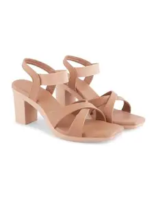 FROH FEET Stylish Ankle Strap Block Heel For Women & Girls | Casual Fashion Heels | (Paech, 39)