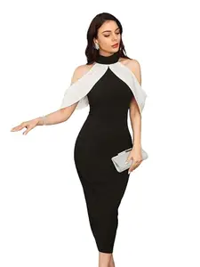 Hemang Fashion Women's Black & White Ankle-Length Dress | Sleeveless Bodycon | Elegant Look