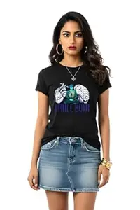 AMAR AAMEE Black Cotton Printed T-Shirt for Women, I Rule Both Graphic Design, Short Sleeve Casual Tee
